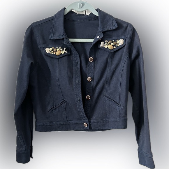 🌷Bomber Jacket Navy Blue with Embellished pocket flaps - Picture 1 of 10